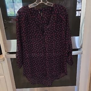 Maurices Dark Blue and Pink Patterned Blouse